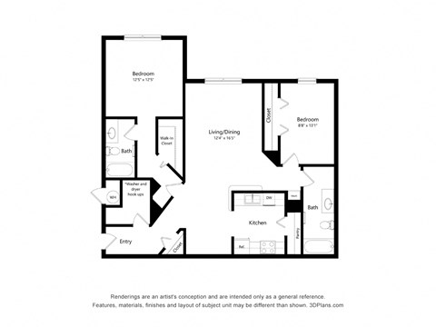 Floor plan for 2 beds, 2 baths, 1096 sqft